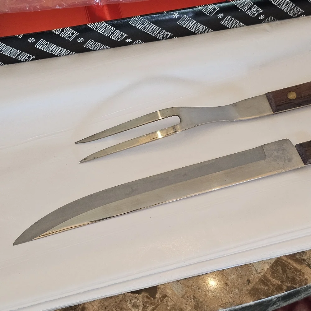 60's Rostfrei Wood Handle Meat Carving Knife & Fork Boxed Set Vintage MCM